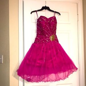 Hot pink party dress. Strapless. Beaded design.